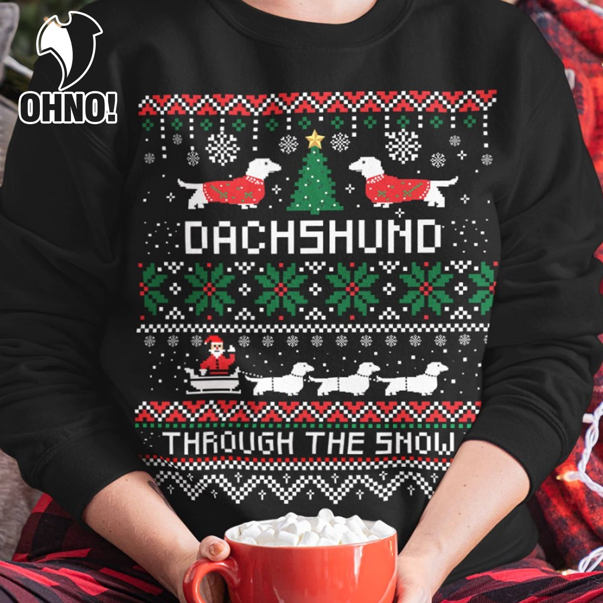 Dachshund through the snow - Christmas ugly sweater, Santa Claus sleigh
