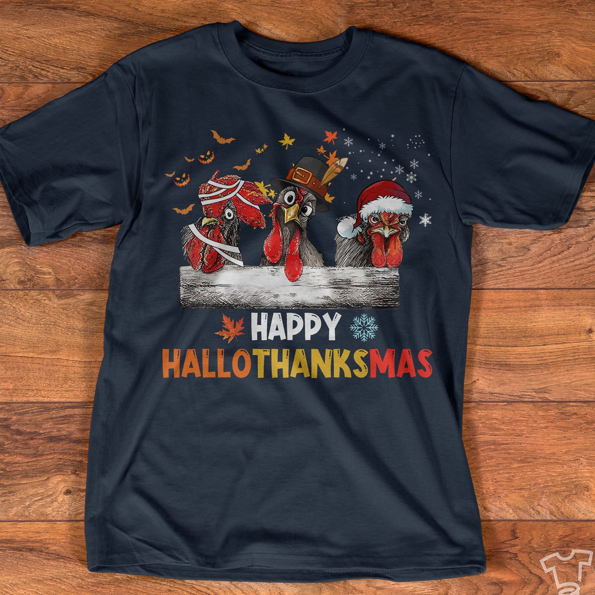 Happy Hallothanksmas - Grumpy chicken graphic T-shirt, Chicken wearing Santa hat