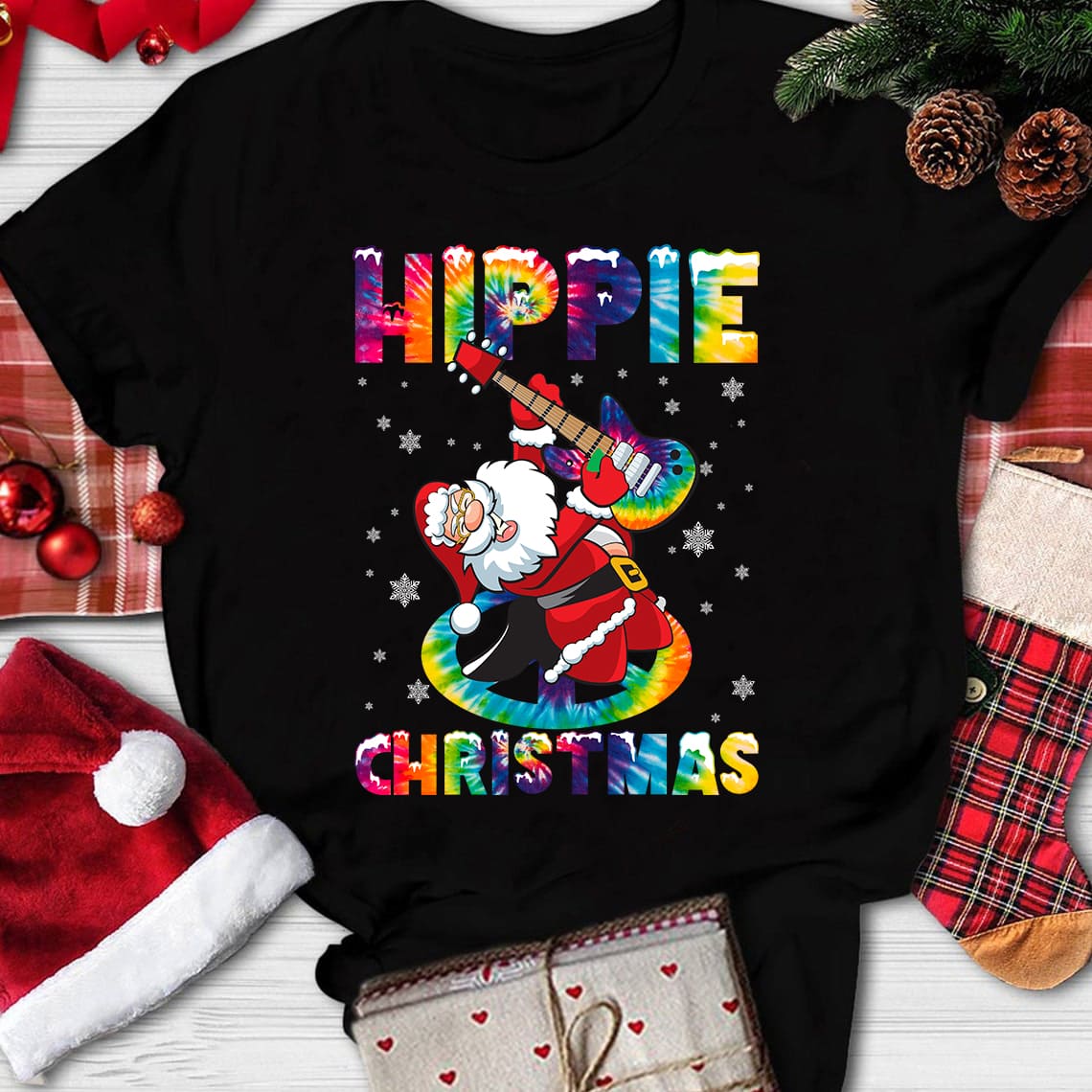 Hippie Christmas - Santa Claus playing guitar, Christmas ugly sweater