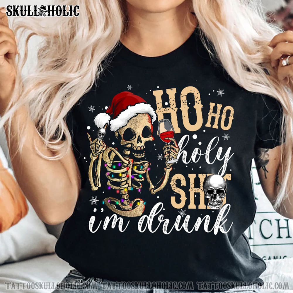 Ho Ho holy shit I'm drunk - Christmas ugly sweater, Skull drinking wine