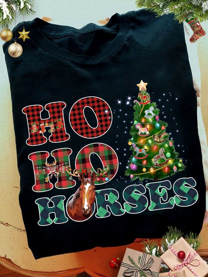 Ho ho horses - Christmas tree graphic T-shirt, horse for Christmas