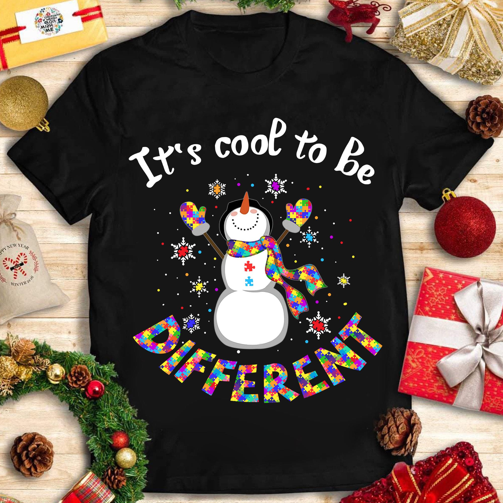 It's cool to be different - Christmas snowman graphic, Autism awareness