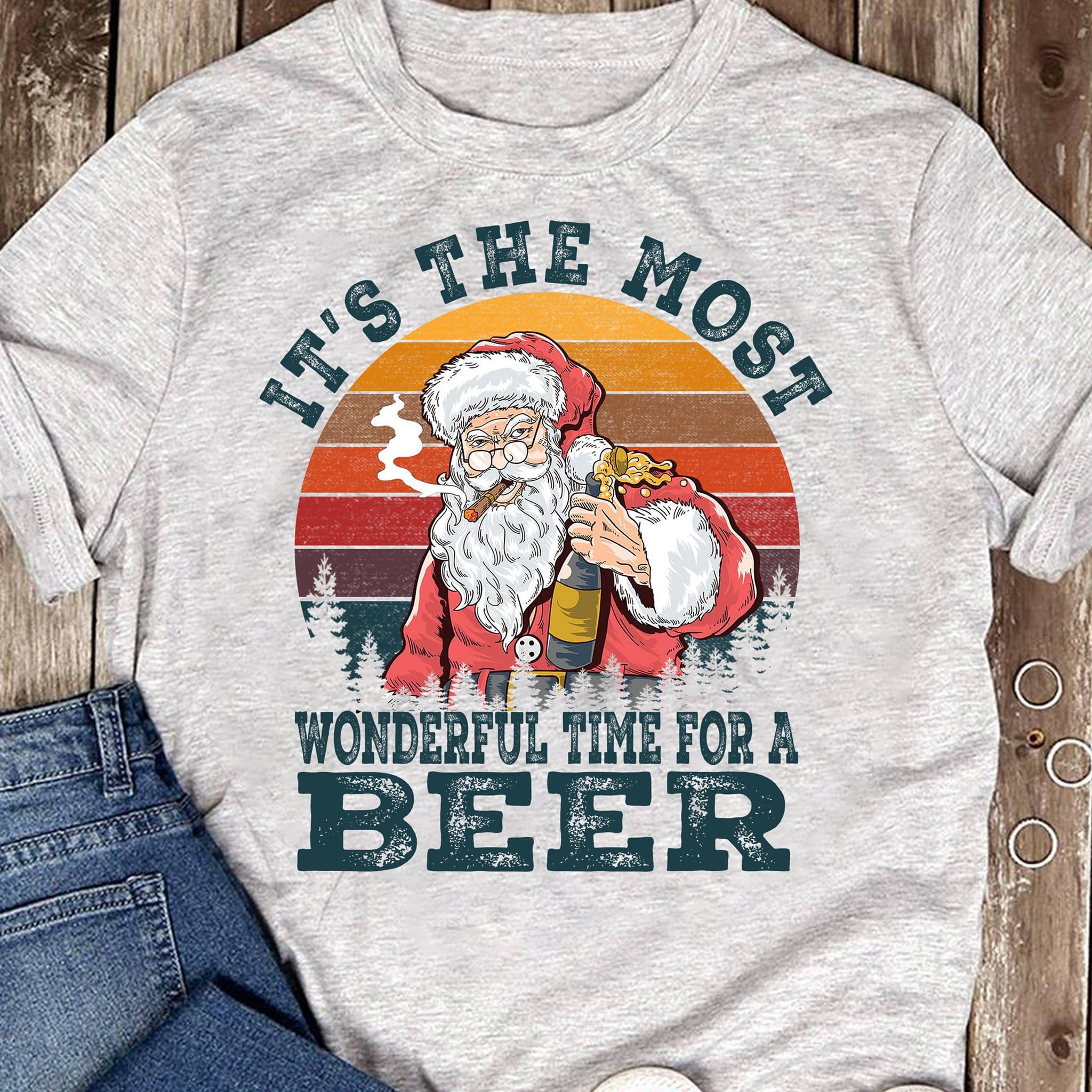 It's the most wonderful time for a beer - Christmas day ugly sweater, Santa Claus drinking beer