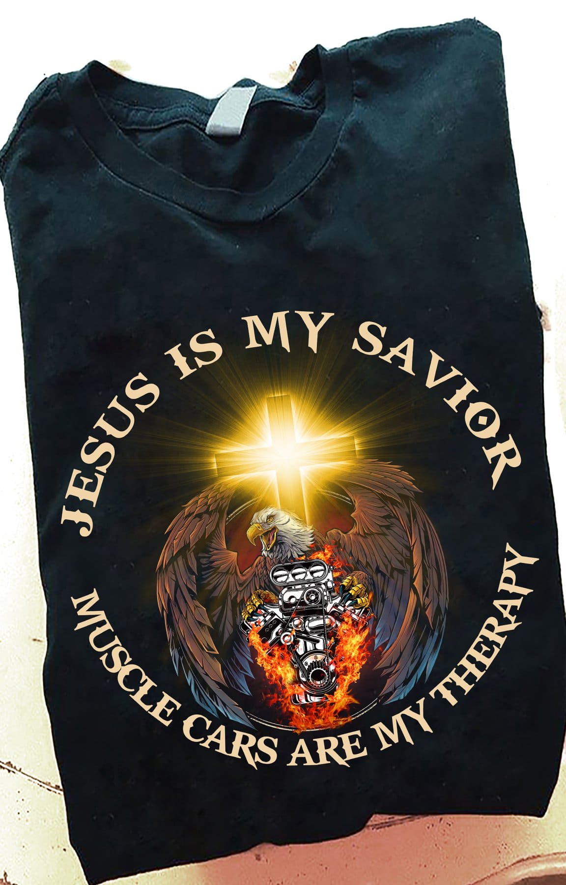 Jesus is my savior, muscles are my therapy - Eagle and engine, muscle car collection