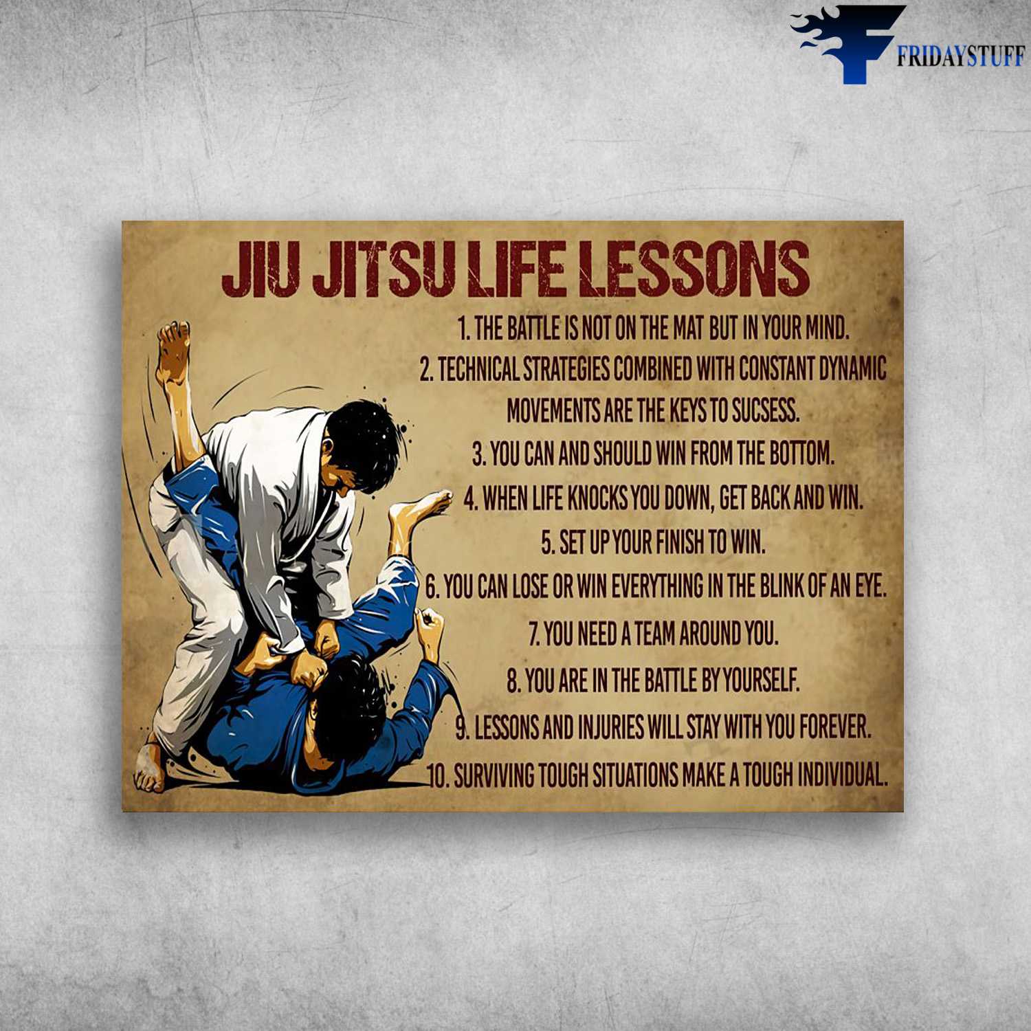 Jiu Jitsu Poster, Jiu Jitsu Life Lessons, The Battle Is Not On The Mat But In Your Mind, Technical Strategies Combined With Constant Dynamic, Movements Are The Keys To Success