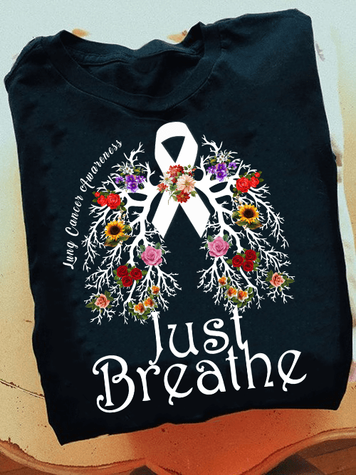Lung cancer awareness - Just breathe, lung cancer ribbon, lung and flower