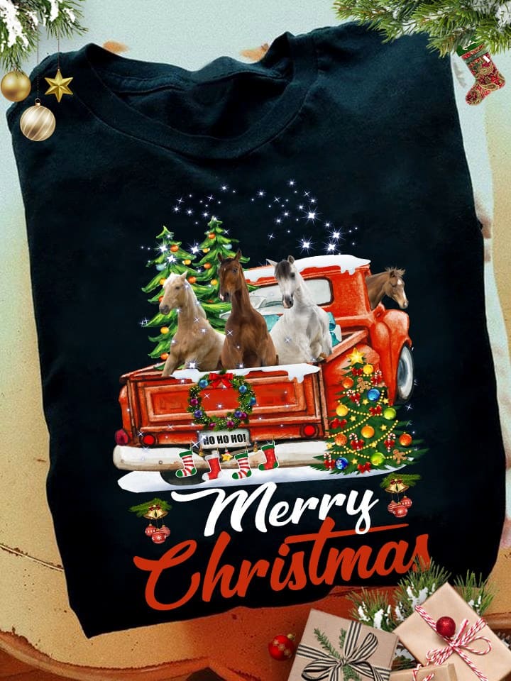 Merry Christmas T-shirt - Horse on truck, Christmas day with horse