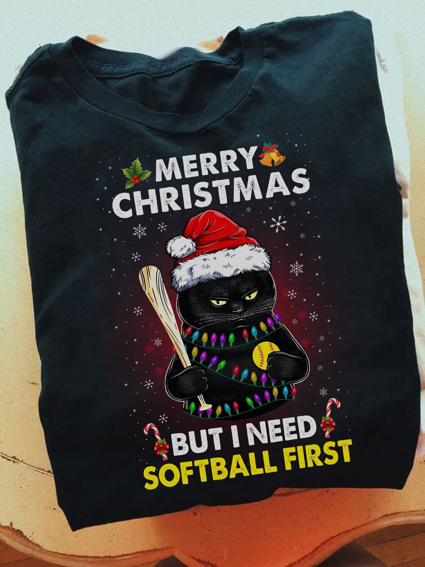 Merry Christmas but I need softball first - Softball player T-shirt, Cat wearing Santa hat