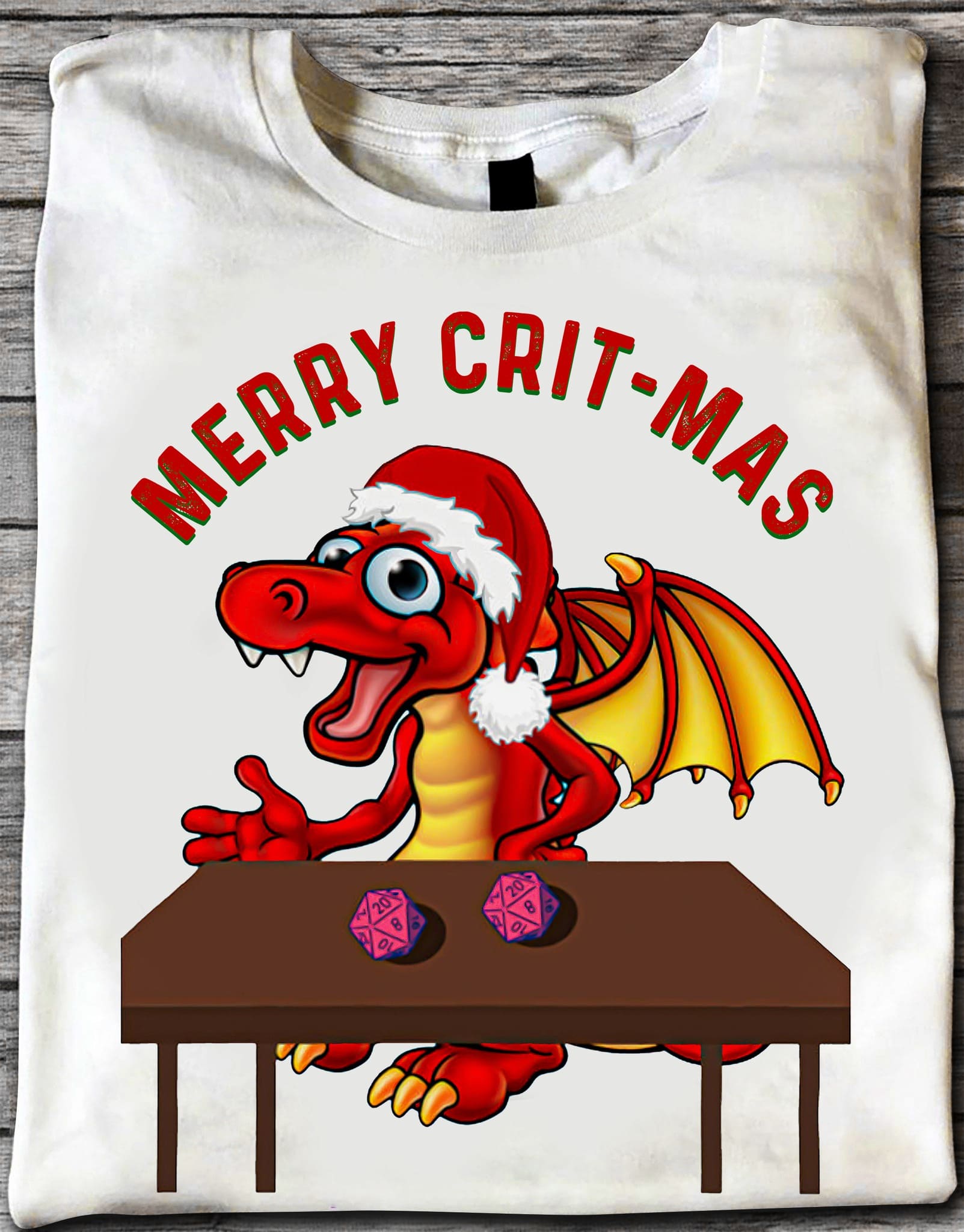 Merry Crit-mas - Flame dragon and dices, Dungeons and Dragons, T-shirt for Christmas day