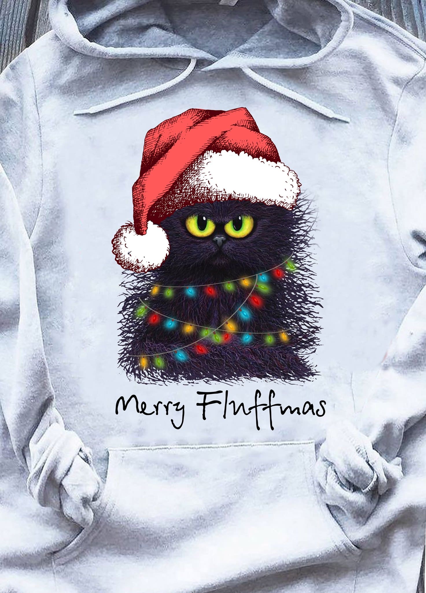 Merry Fluffmas - Christmas day black cat, cat wearing Santa hat
