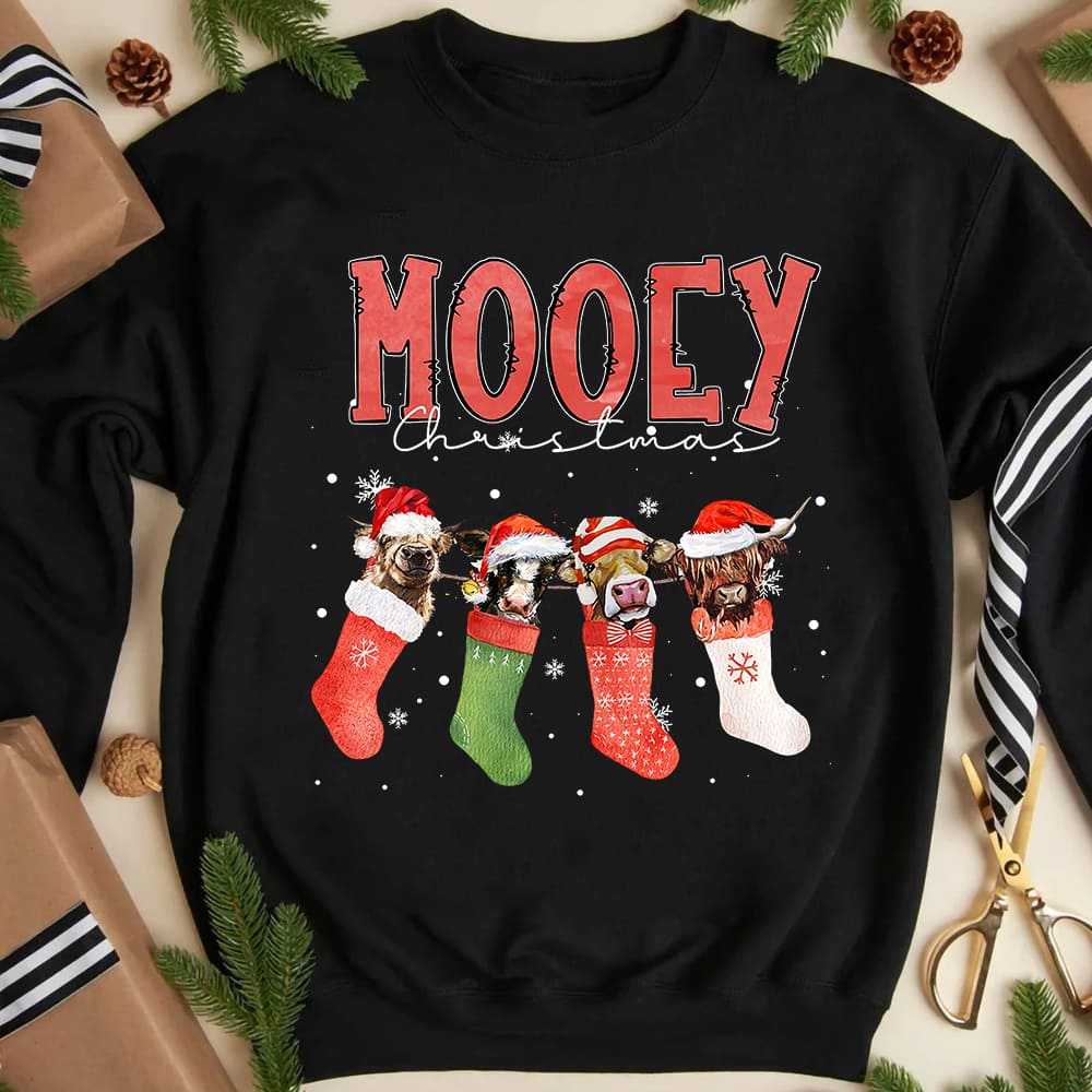 Mooey Christmas - Funny cow graphic T-shirt, Christmas sock and cows