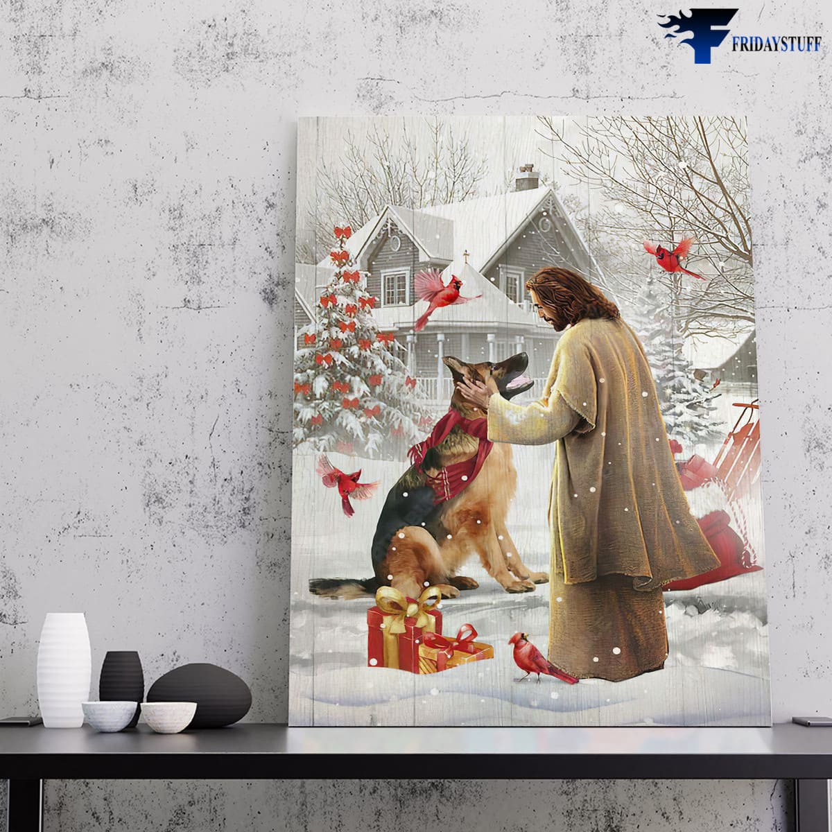 Santa Claus, Merry Christmas, German Shepherd, Cardinal Bird