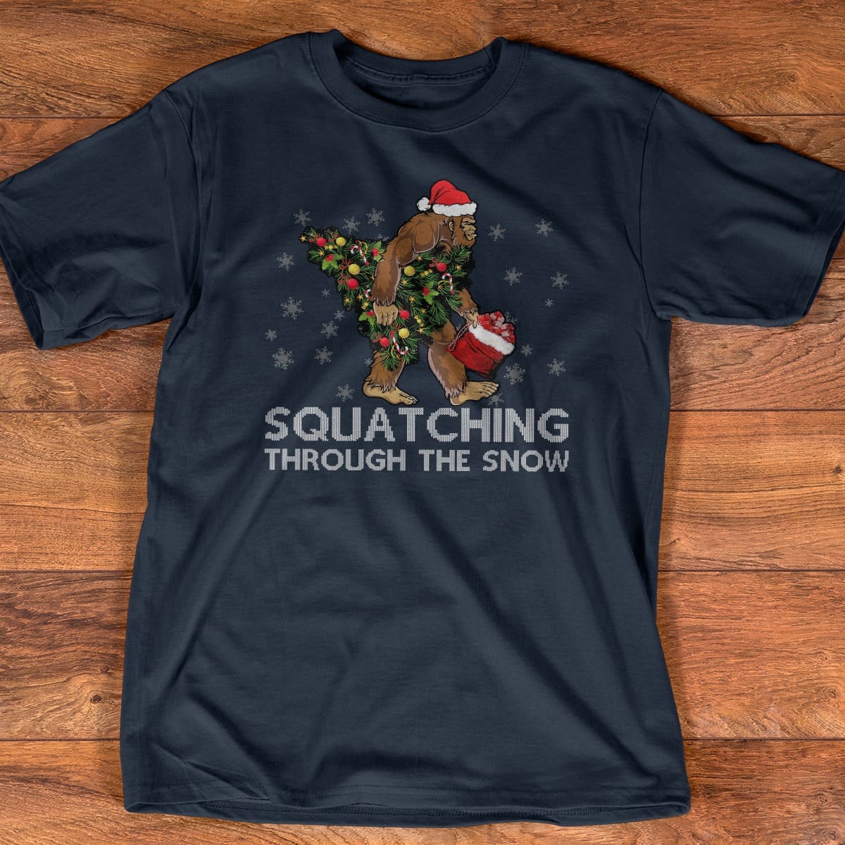 Squatching through the snow - Bigfoot and Christmas tree, Bigfoot wearing Santa hat