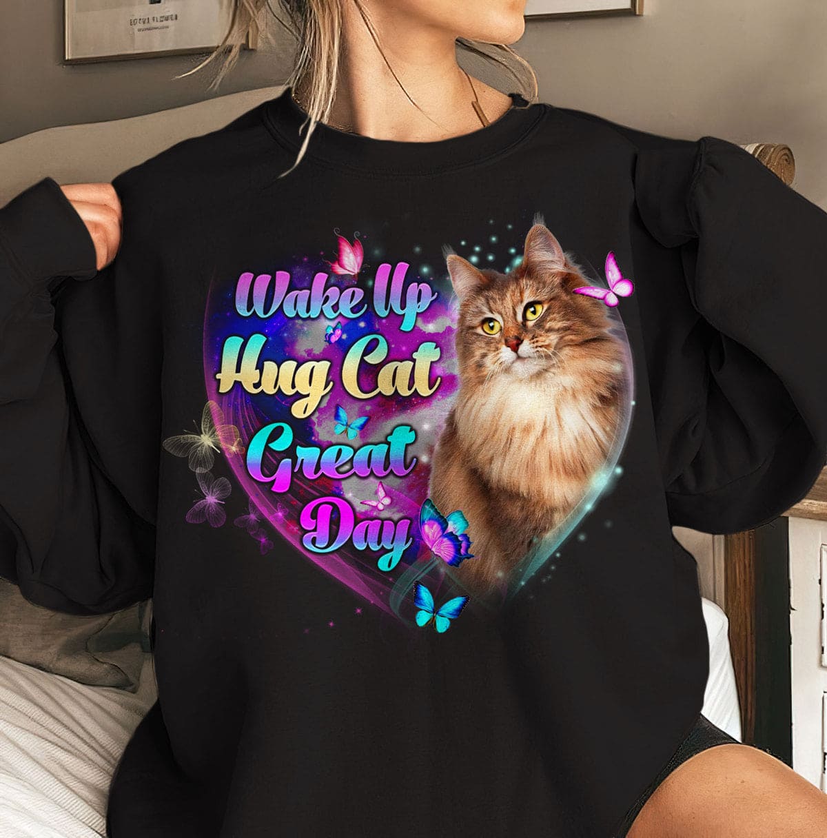 Wake up, hug cat, great day - Gift for cat person, Norwegian Forest cat
