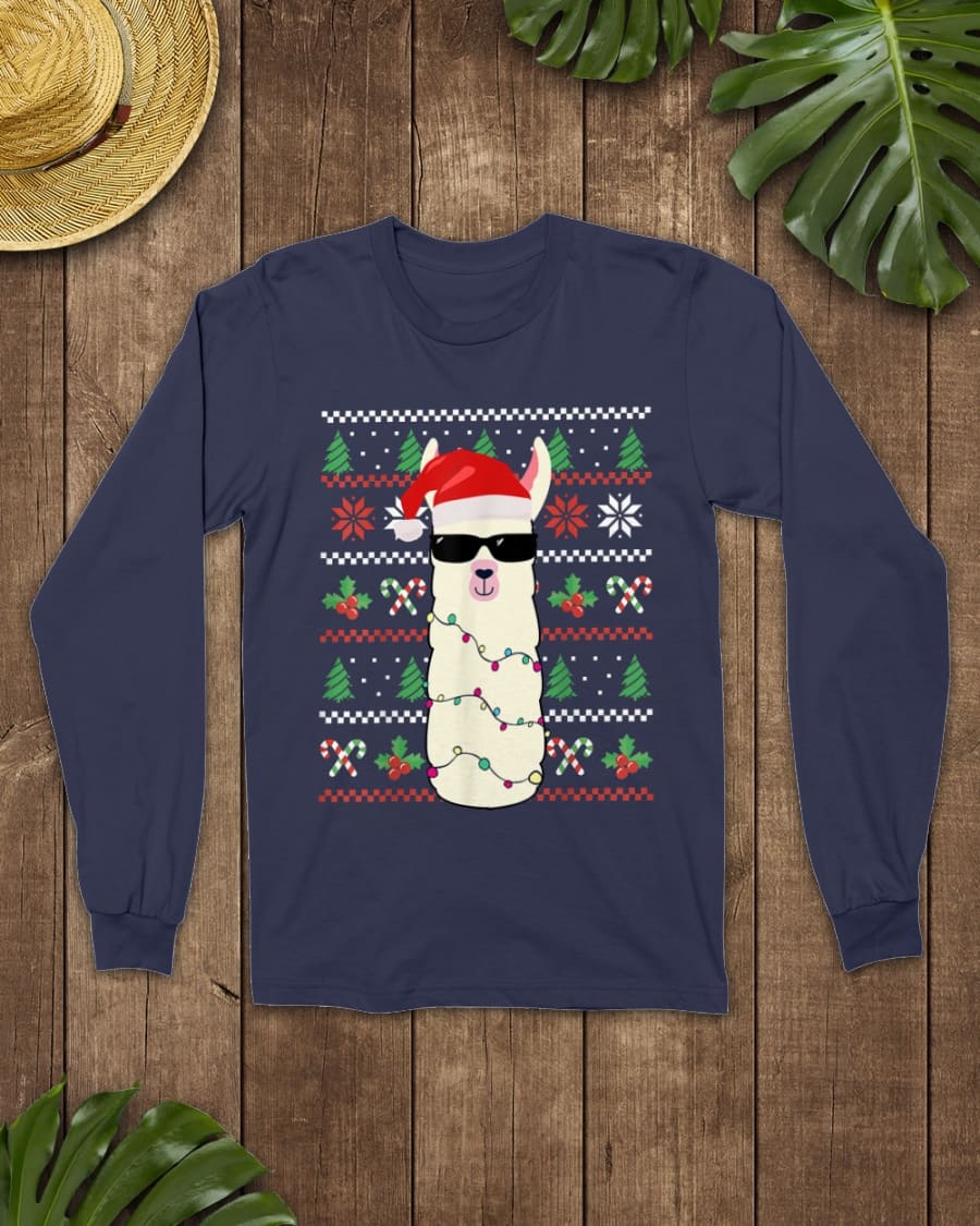 White Llama graphic T-shirt - Llama wearing Christmas hat, Christmas ugly sweater