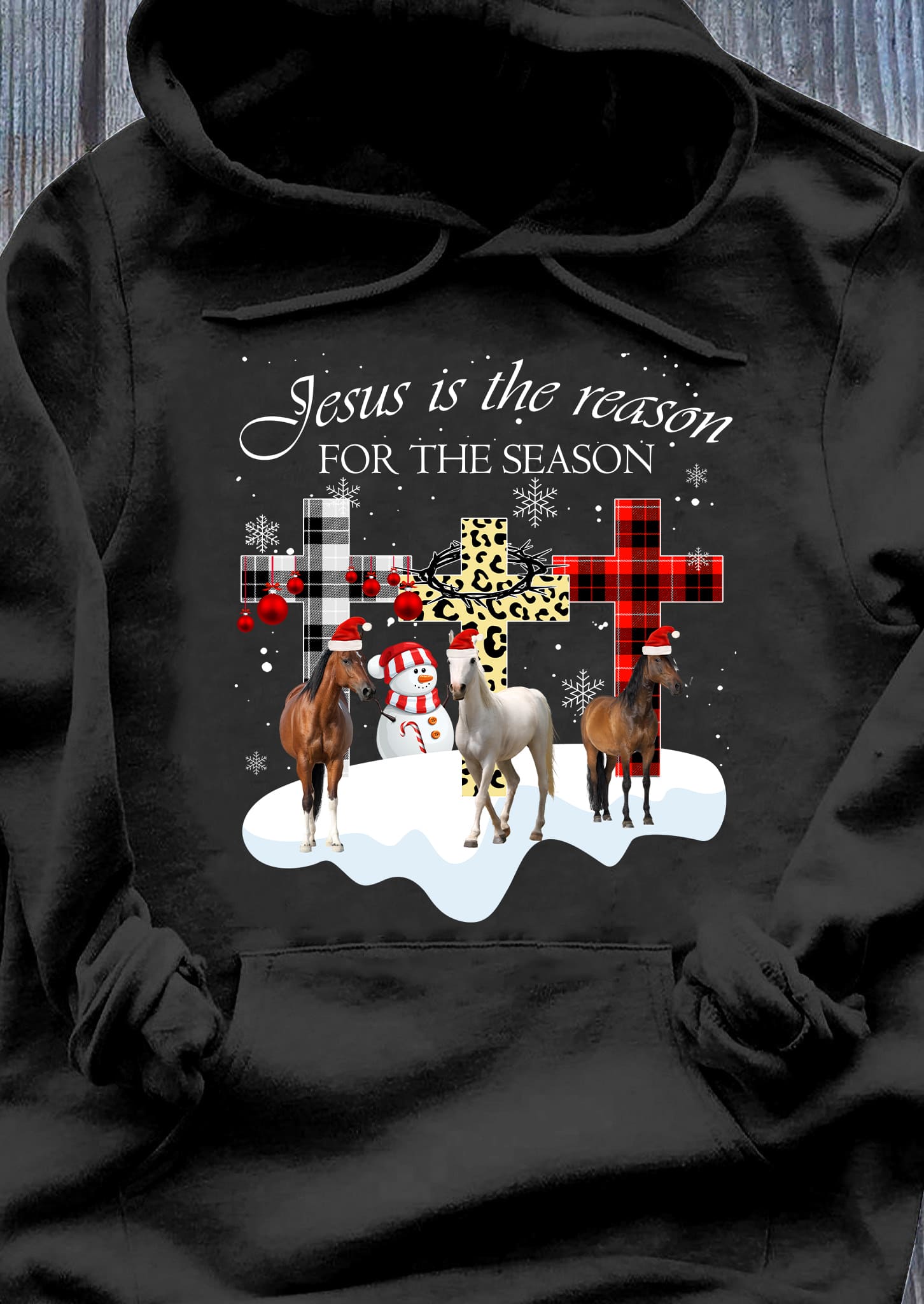 Horse Santa Hat God's Cross Ugly Sweater - Jesus is the reason for the season