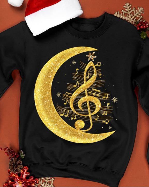 Music Notes Moon Graphic T-shirt Christmas Tree Music