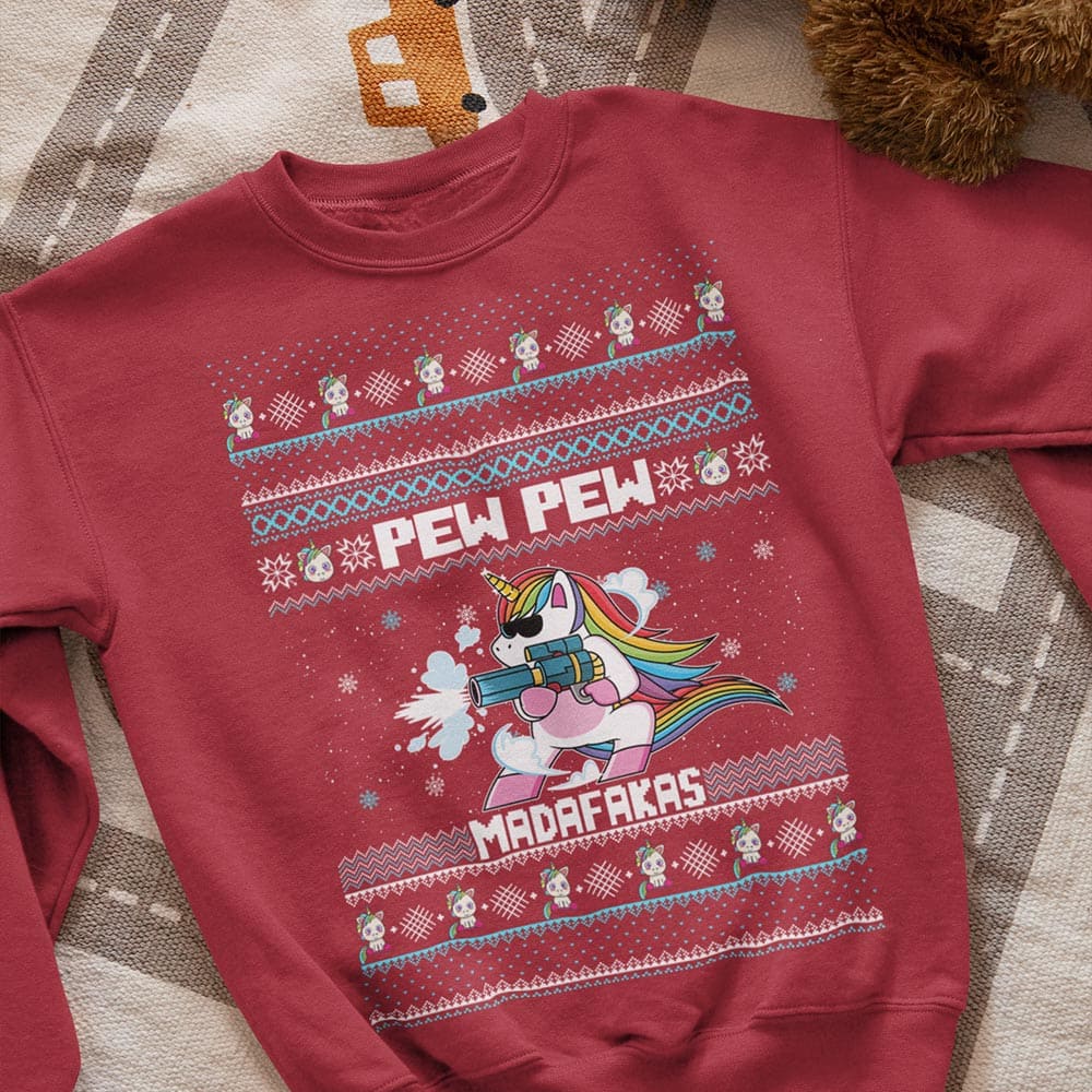 Crazy Unicorn Shooting Ugly Christmas Sweater - Pew pew madafakas