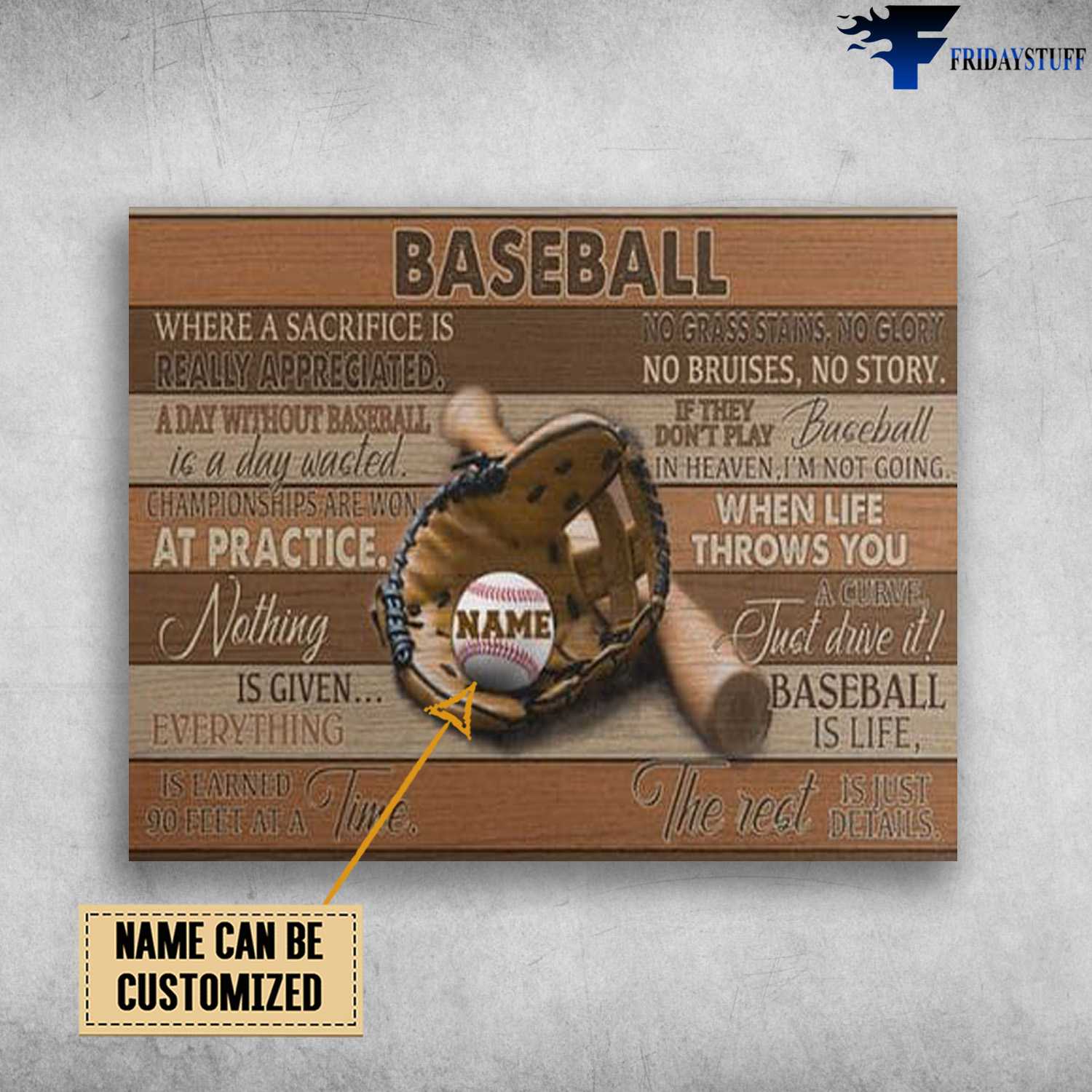 Baseball Poster, Where A Sactifice Is Really Appreciated, A Day Without Baseball Is A Day Wasted, Championships Are Won At Practice, Nothing Is Given, Everything Is Earned So Feet At A Time