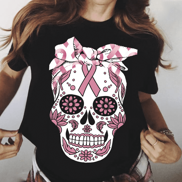 Breast cancer awareness - Halloween skull T-shirt, gift for cancer warrior