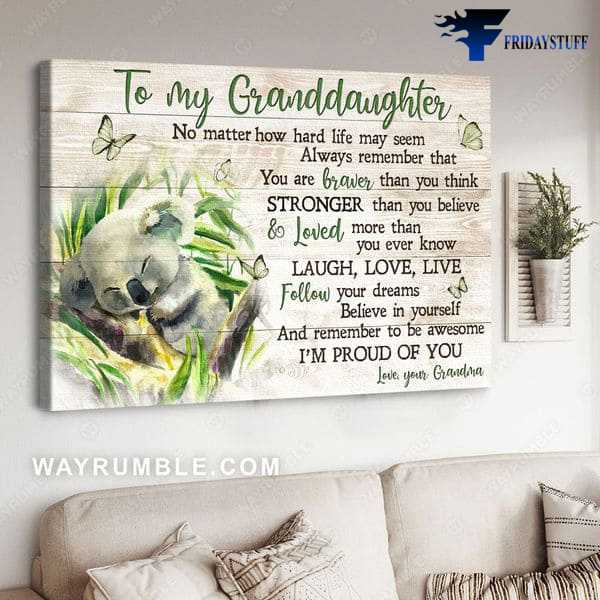 Koala Poster, Grandma And Granddaughter, To My Granddaughter, No Matter How Hard Life My Seem, Always Remember That, You Are Braver Than You Think, Stronger Than You Believe, And Loved More Than You Ever Know