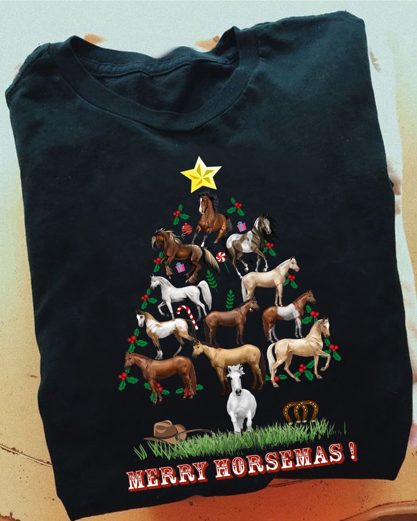 Merry Horsemas - Horse Christmas tree, Xmas day ugly sweater