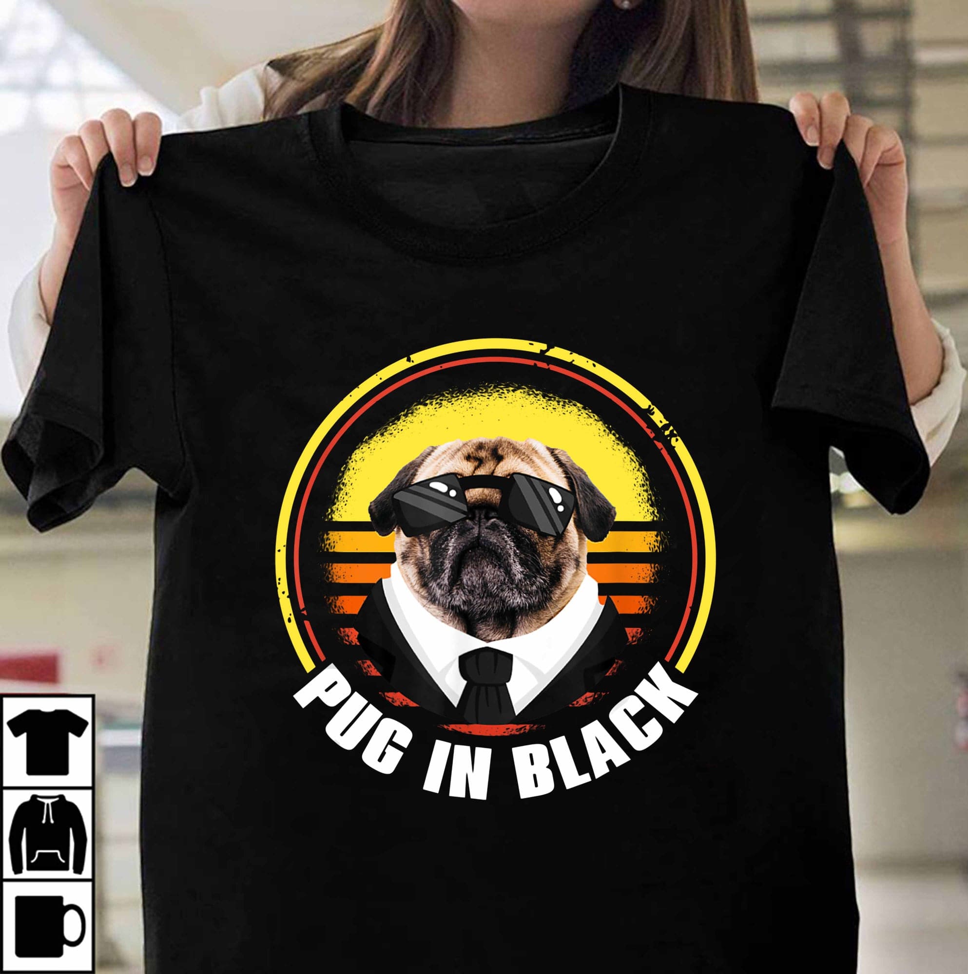 Pug in black - Mafia Pug dog, gift for pug owner