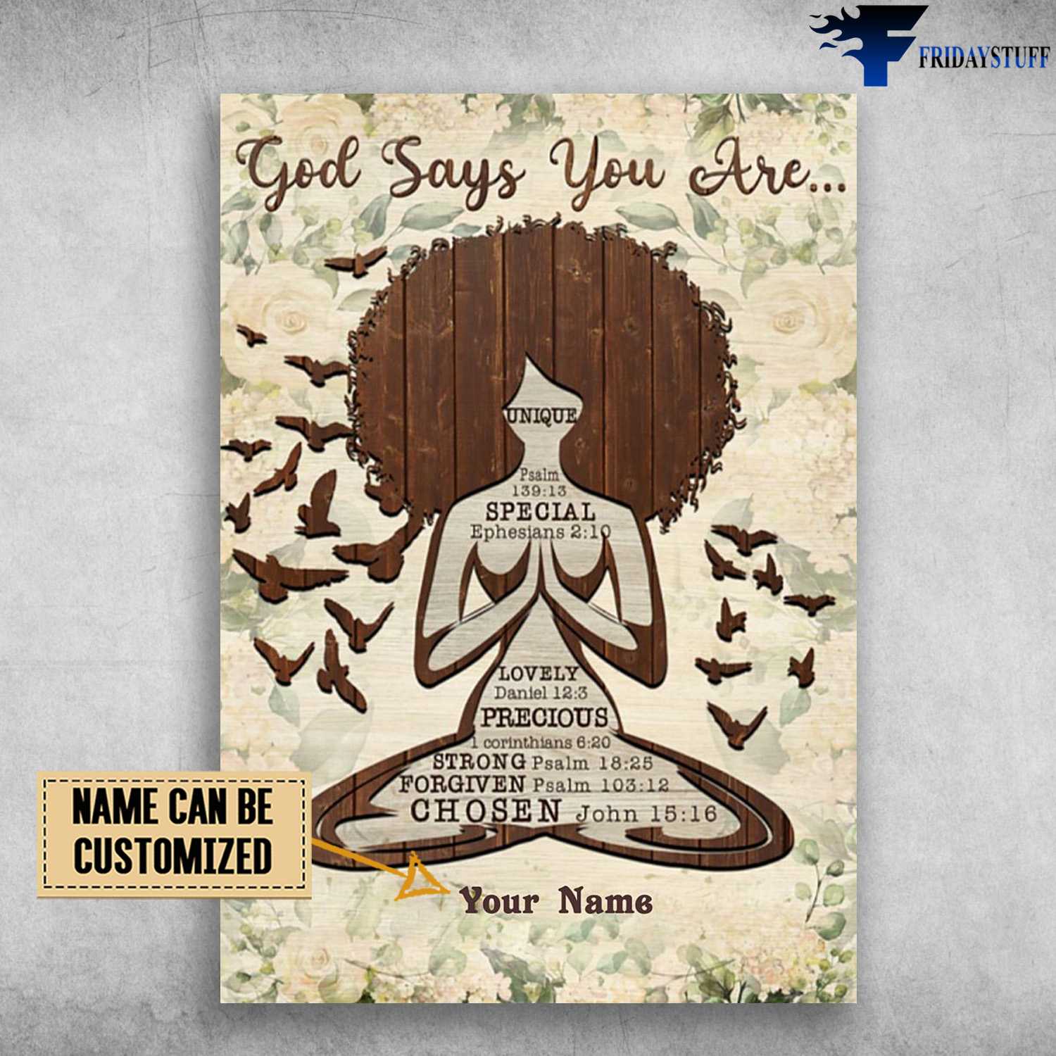 Yoga Poster, Yoga Room, God Says You Are Unique, Special, Lovely, Precious, Strong, Forgiven, Chosen